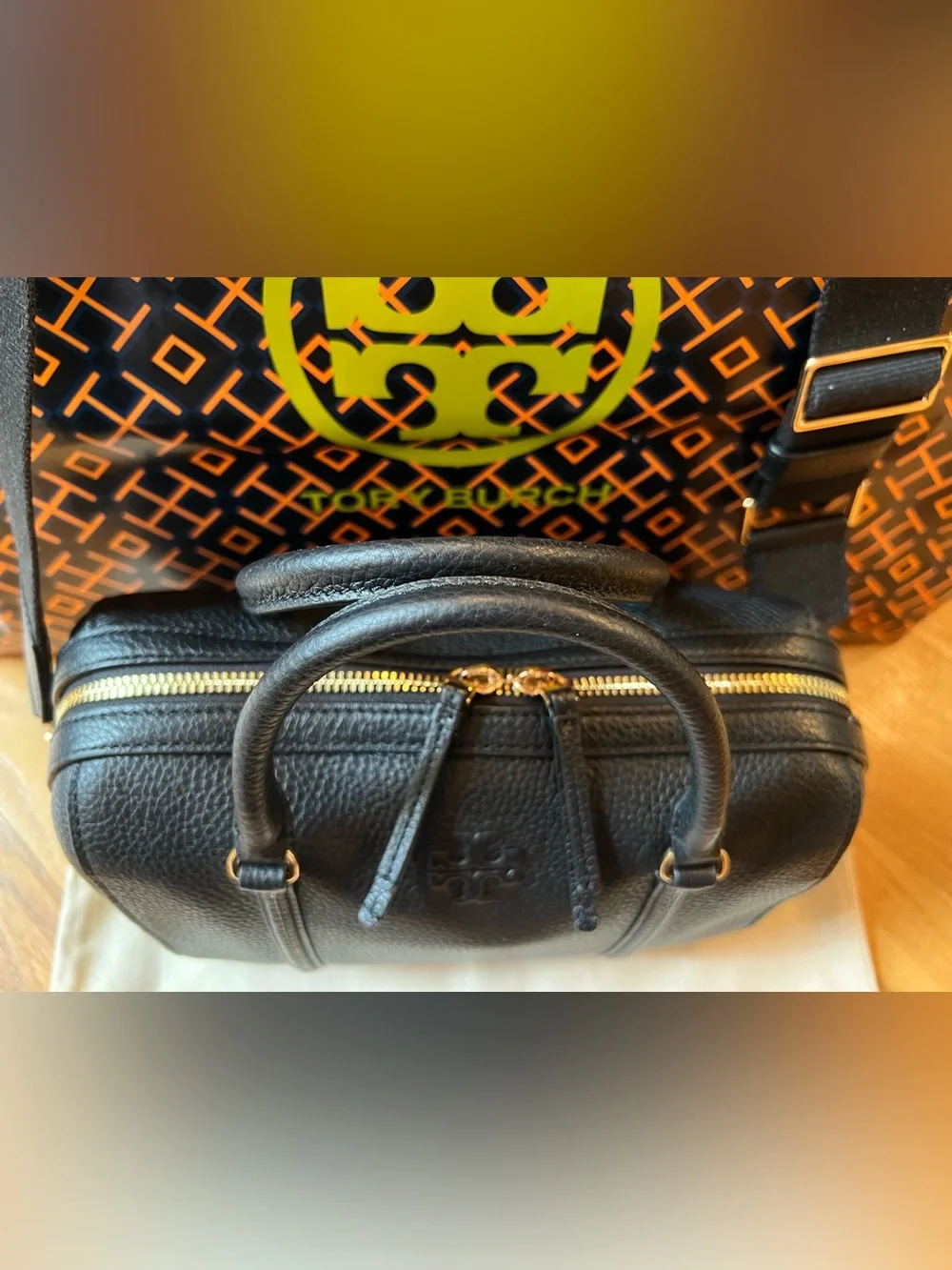 Tory Burch Black Pebbled Leather Satchel Crossbody & Continental Wallet Set